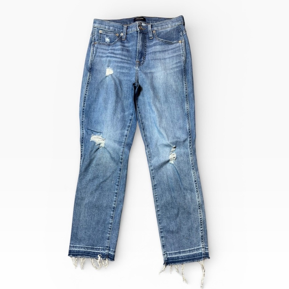 JCrew Vintage Straight Jeans Distressed Raw Hem Blue Denim 27 Ankle Boho STRETCH